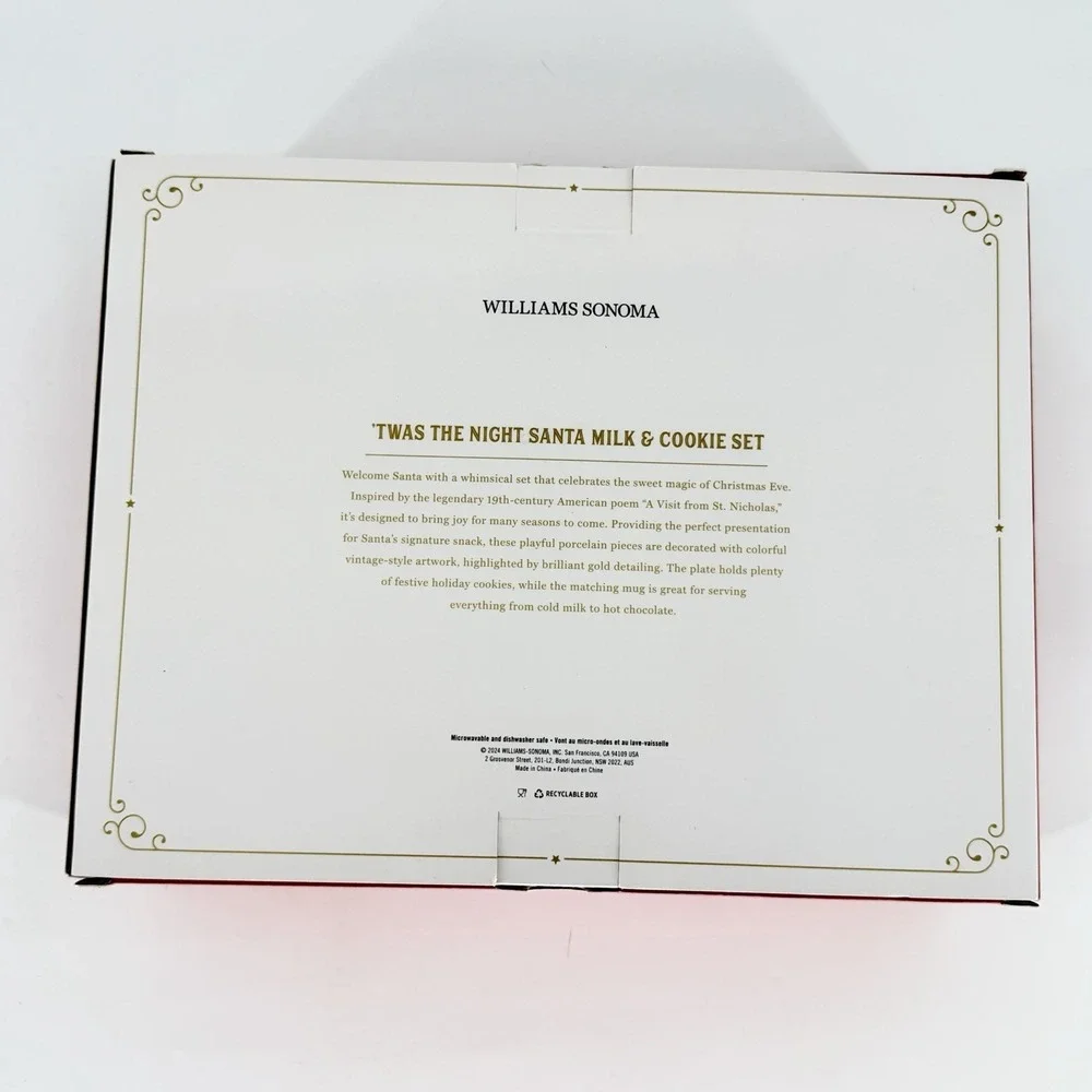 Williams Sonoma Twas the Night Santa Milk and Cookie Set Porcelain Christmas NEW